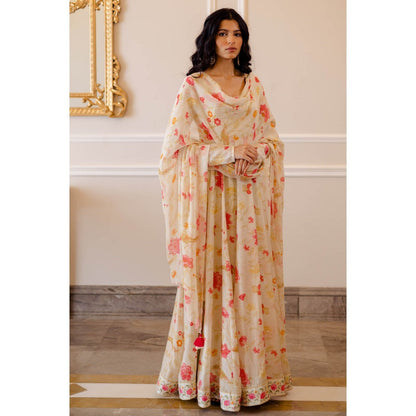 Paulmi & Harsh Ivory Chintz Anarkali with Dupatta (Set of 2)