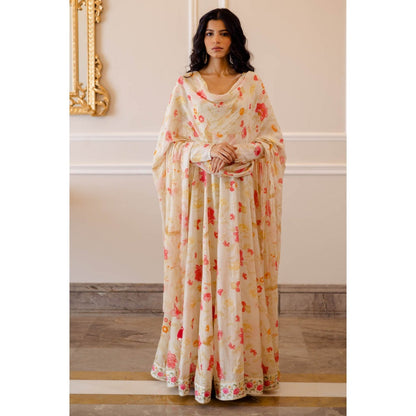 Paulmi & Harsh Ivory Chintz Anarkali with Dupatta (Set of 2)