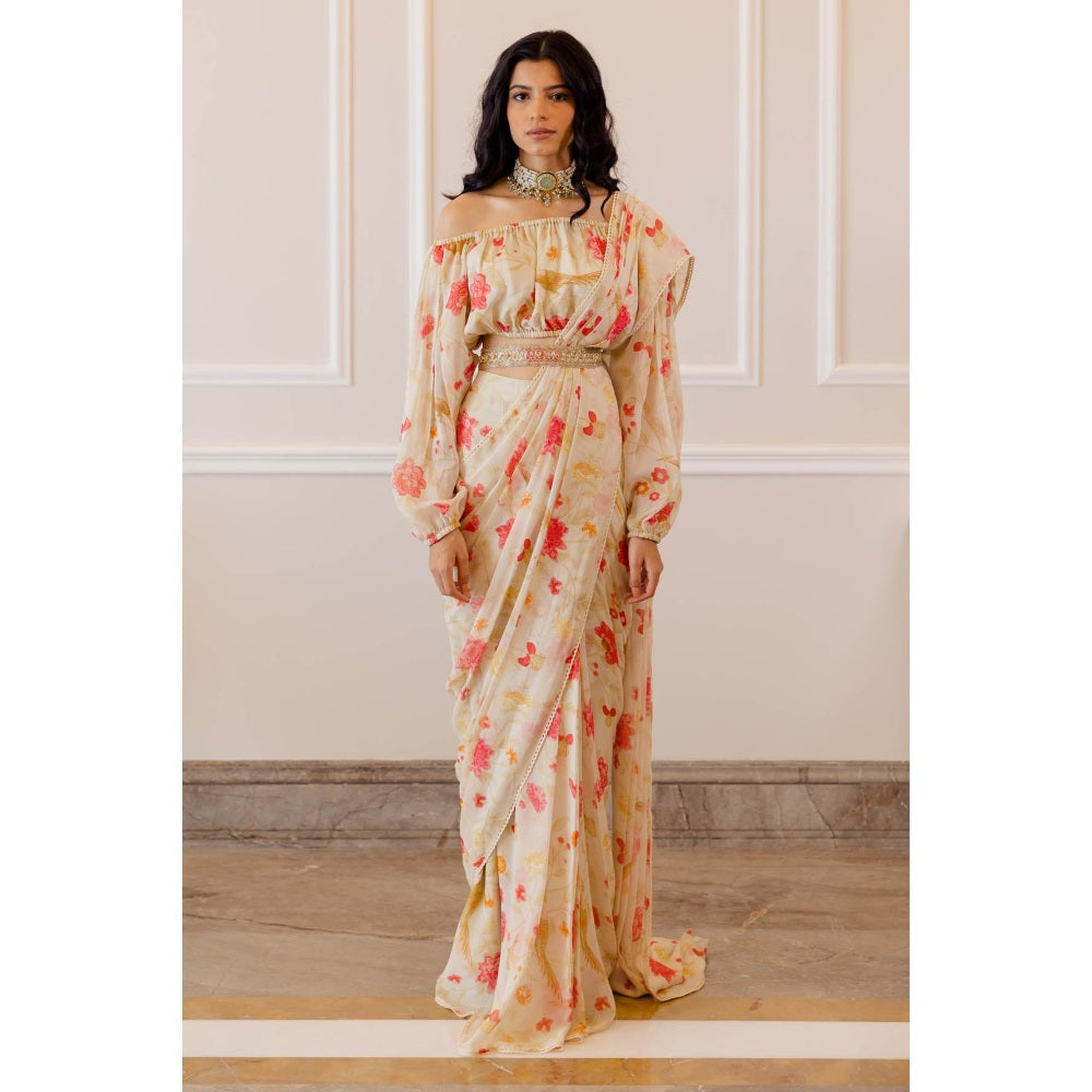 Paulmi & Harsh Ivory Chintz Pre Stitched Saree with Blouse (Set of 3)