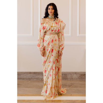 Paulmi & Harsh Ivory Chintz Pre Stitched Saree with Blouse (Set of 3)