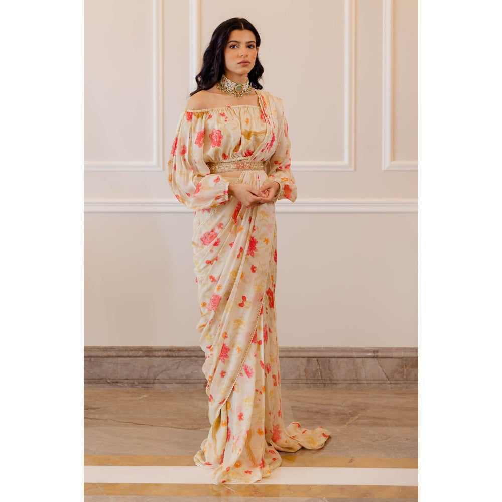 Paulmi & Harsh Ivory Chintz Pre Stitched Saree with Blouse (Set of 3)