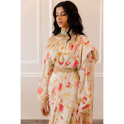 Paulmi & Harsh Ivory Chintz Pre Stitched Saree with Blouse (Set of 3)