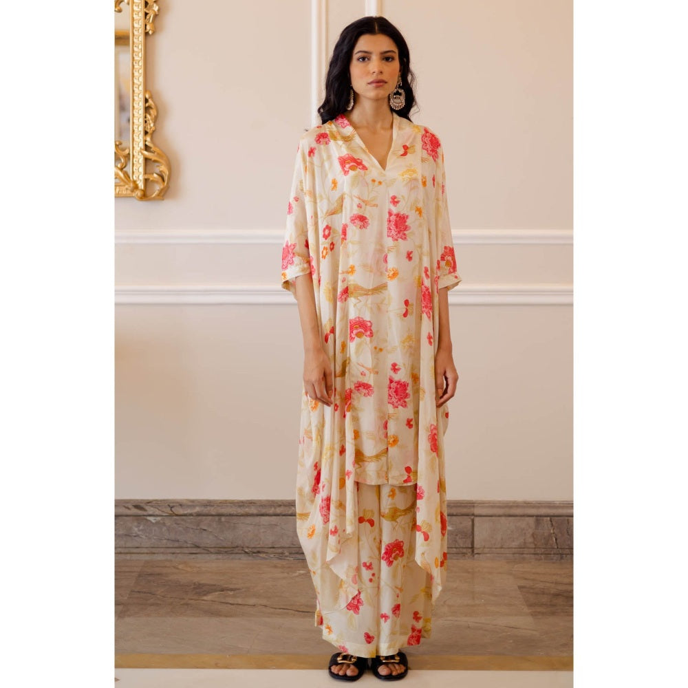 Paulmi & Harsh Ivory Floral Draped Kurta with Sharara (Set of 2)