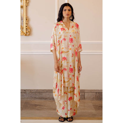 Paulmi & Harsh Ivory Floral Draped Kurta with Sharara (Set of 2)