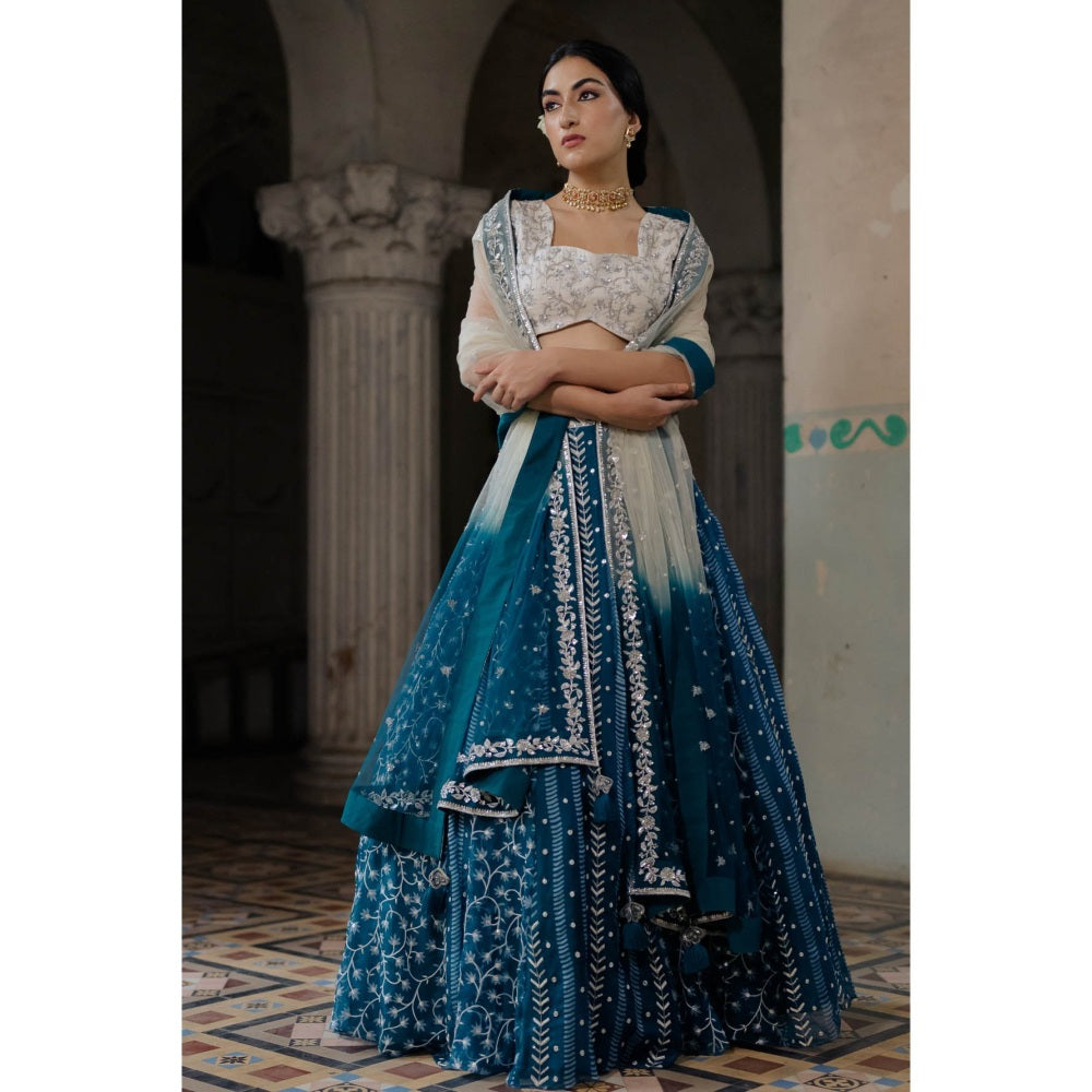 Paulmi & Harsh Gypsy Teal Block Embroidered Lehenga (Set of 3)