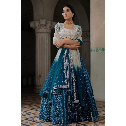 Paulmi & Harsh Gypsy Teal Block Embroidered Lehenga (Set of 3)