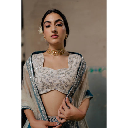 Paulmi & Harsh Gypsy Teal Block Embroidered Lehenga (Set of 3)