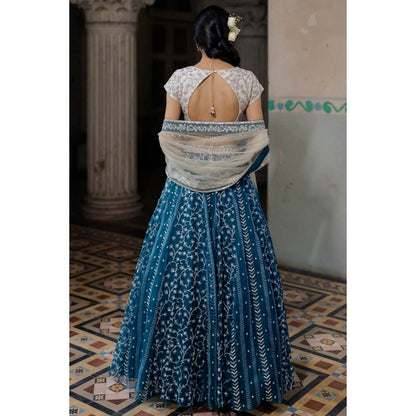 Paulmi & Harsh Gypsy Teal Block Embroidered Lehenga (Set of 3)