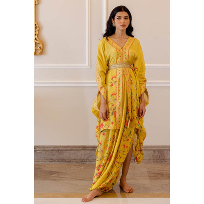 Paulmi & Harsh Sunshine Yellow Chintz Cowl Skirt (Set of 3)