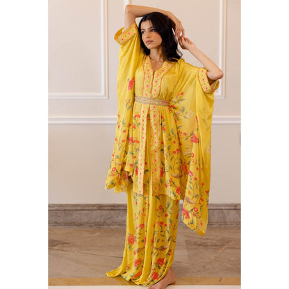 Paulmi & Harsh Sunshine Yellow Chintz Cowl Skirt (Set of 3)