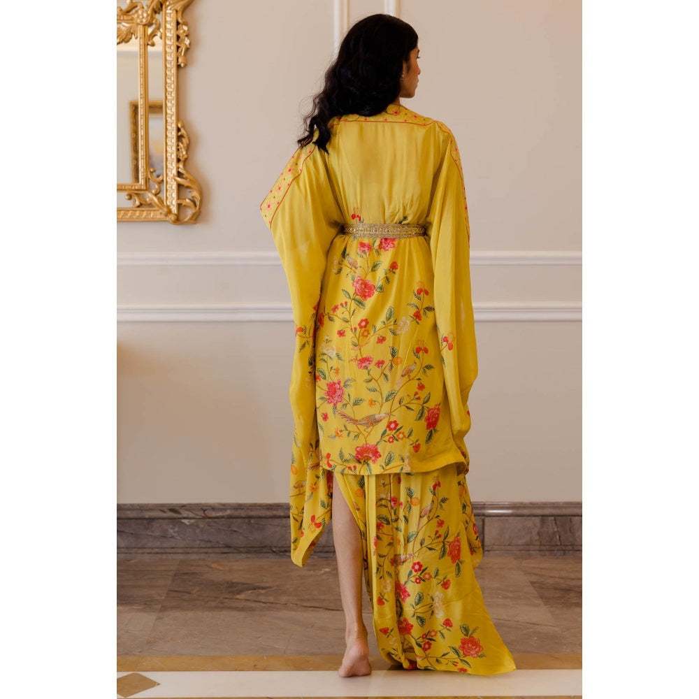 Paulmi & Harsh Sunshine Yellow Chintz Cowl Skirt (Set of 3)