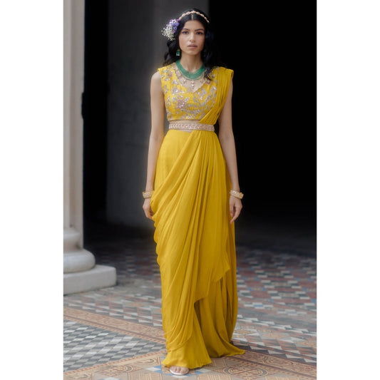 Paulmi & Harsh Bright Yellow Roman Draped Saree with Blouse (Set of 3)