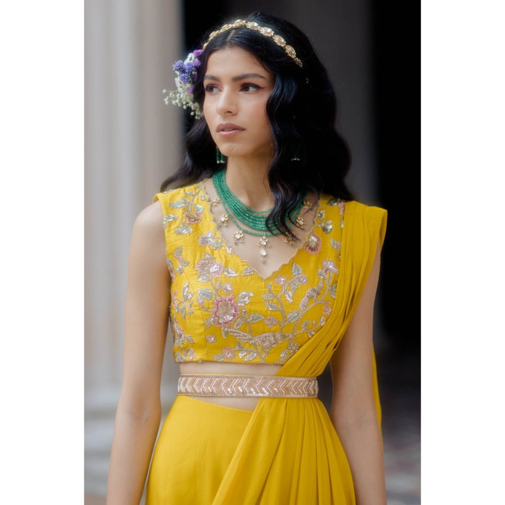Paulmi & Harsh Bright Yellow Roman Draped Saree with Blouse (Set of 3)