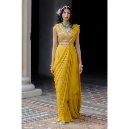 Paulmi & Harsh Bright Yellow Roman Draped Saree with Blouse (Set of 3)