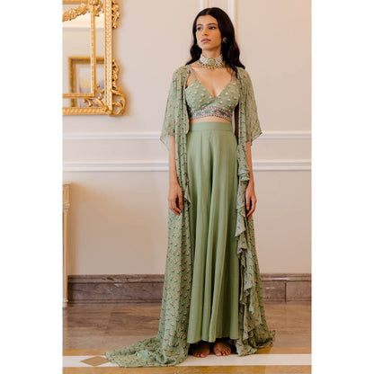 Paulmi & Harsh Pista Green Butti Printed Cape (Set of 3)