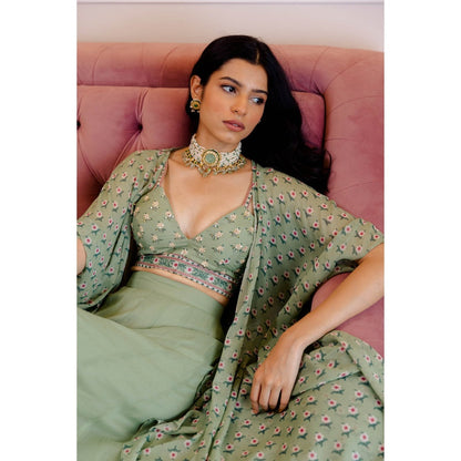 Paulmi & Harsh Pista Green Butti Printed Cape (Set of 3)