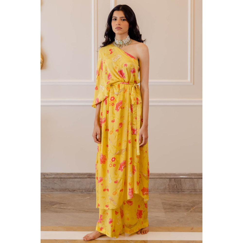 Paulmi & Harsh Sunshine Yellow One Shoulder Draped Kurta with Palazzo (Set of 2)