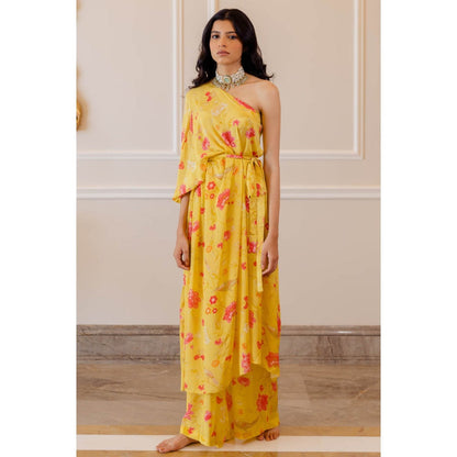 Paulmi & Harsh Sunshine Yellow One Shoulder Draped Kurta with Palazzo (Set of 2)