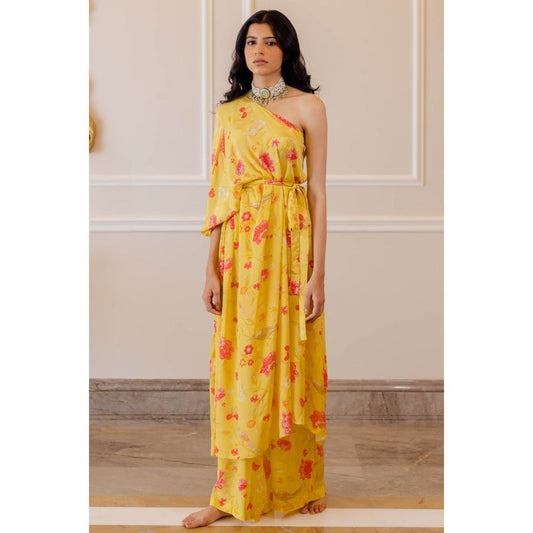 Paulmi & Harsh Sunshine Yellow One Shoulder Draped Kurta with Palazzo (Set of 2)