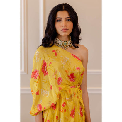 Paulmi & Harsh Sunshine Yellow One Shoulder Draped Kurta with Palazzo (Set of 2)
