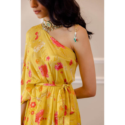 Paulmi & Harsh Sunshine Yellow One Shoulder Draped Kurta with Palazzo (Set of 2)