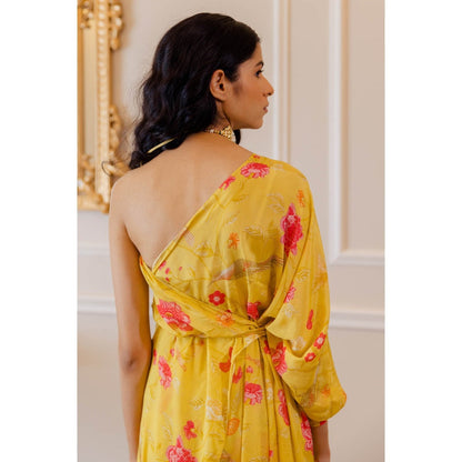 Paulmi & Harsh Sunshine Yellow One Shoulder Draped Kurta with Palazzo (Set of 2)