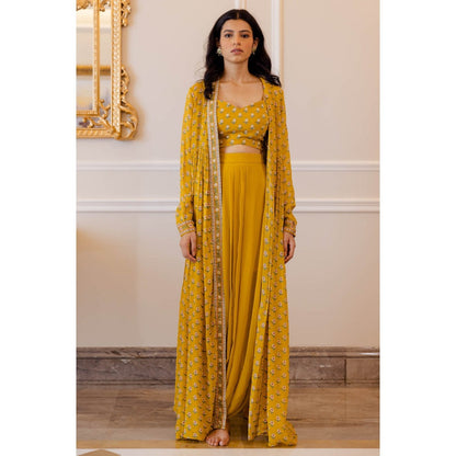 Paulmi & Harsh Mustard Yellow Butti Printed Cape (Set of 3)