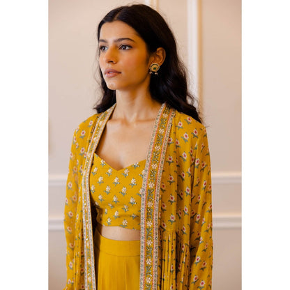 Paulmi & Harsh Mustard Yellow Butti Printed Cape (Set of 3)