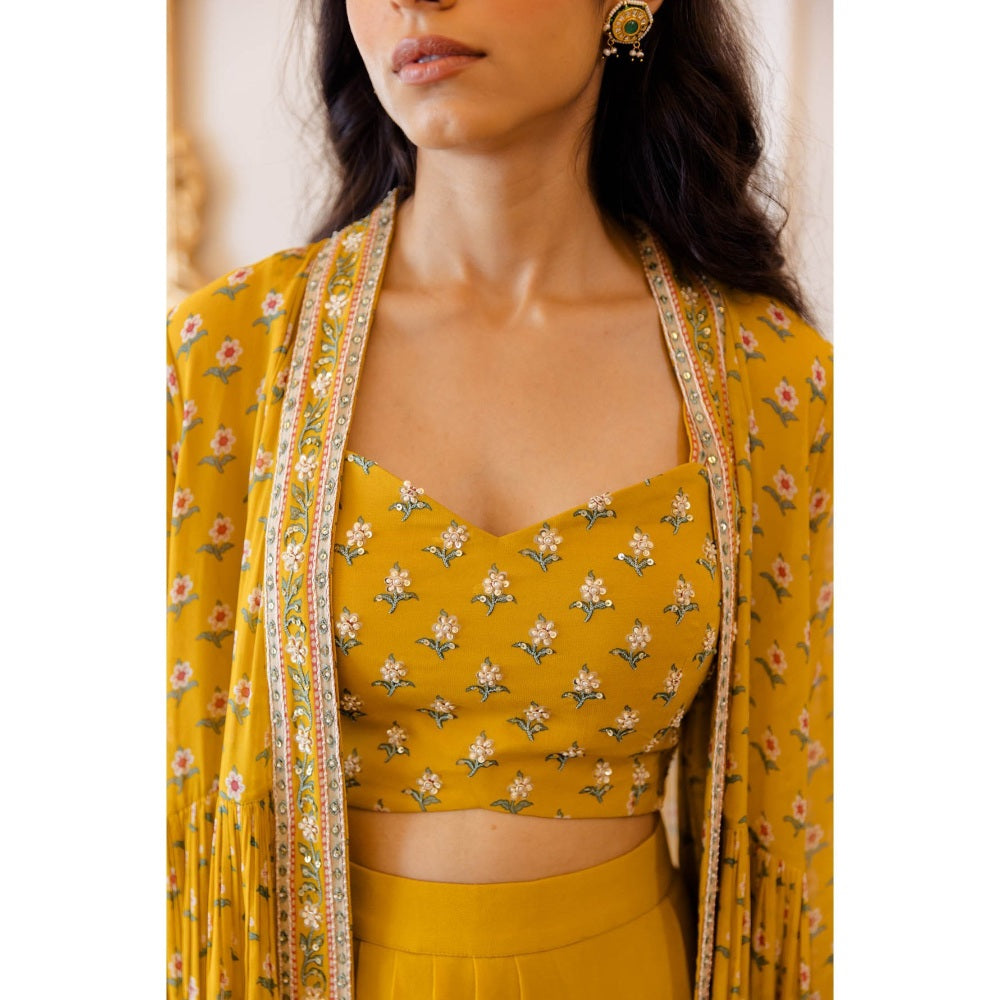 Paulmi & Harsh Mustard Yellow Butti Printed Cape (Set of 3)