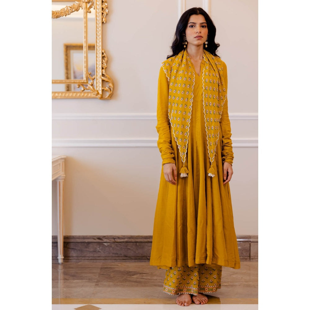 Paulmi & Harsh Mustard Yellow Mul Chudi Sleeved Anarkali (Set of 3)