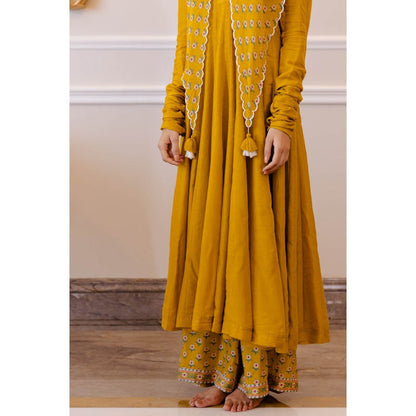 Paulmi & Harsh Mustard Yellow Mul Chudi Sleeved Anarkali (Set of 3)