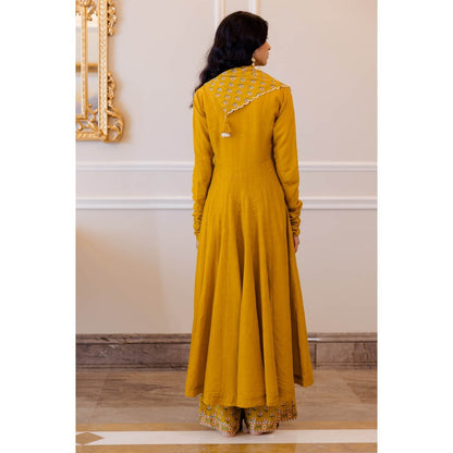 Paulmi & Harsh Mustard Yellow Mul Chudi Sleeved Anarkali (Set of 3)