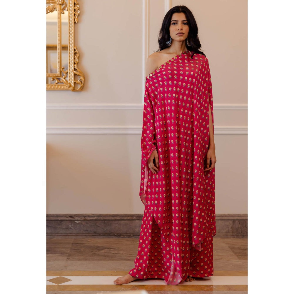 Paulmi & Harsh Rani Pink Butti Printed One Shoulder Dress with Palazzo (Set of 2)