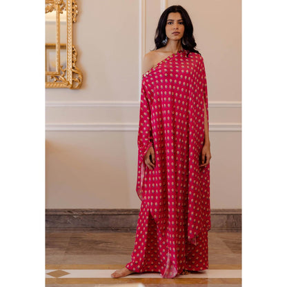 Paulmi & Harsh Rani Pink Butti Printed One Shoulder Dress with Palazzo (Set of 2)