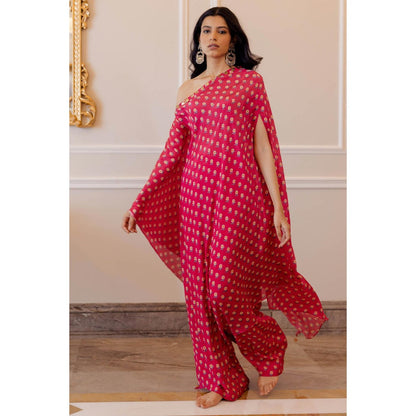 Paulmi & Harsh Rani Pink Butti Printed One Shoulder Dress with Palazzo (Set of 2)
