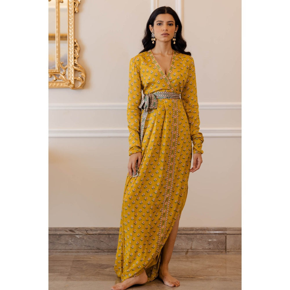 Paulmi & Harsh Mustard Yellow Butti Printed Cowl Dress (Set of 2)
