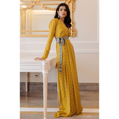 Paulmi & Harsh Mustard Yellow Butti Printed Cowl Dress (Set of 2)