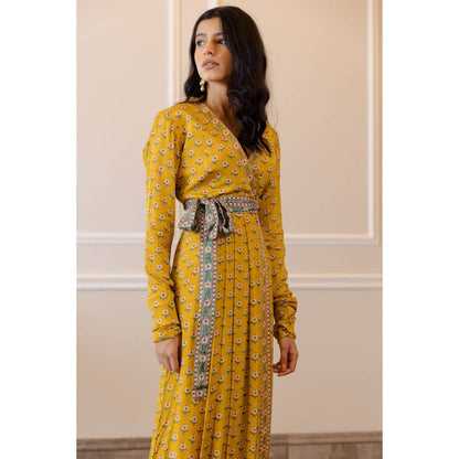 Paulmi & Harsh Mustard Yellow Butti Printed Cowl Dress (Set of 2)