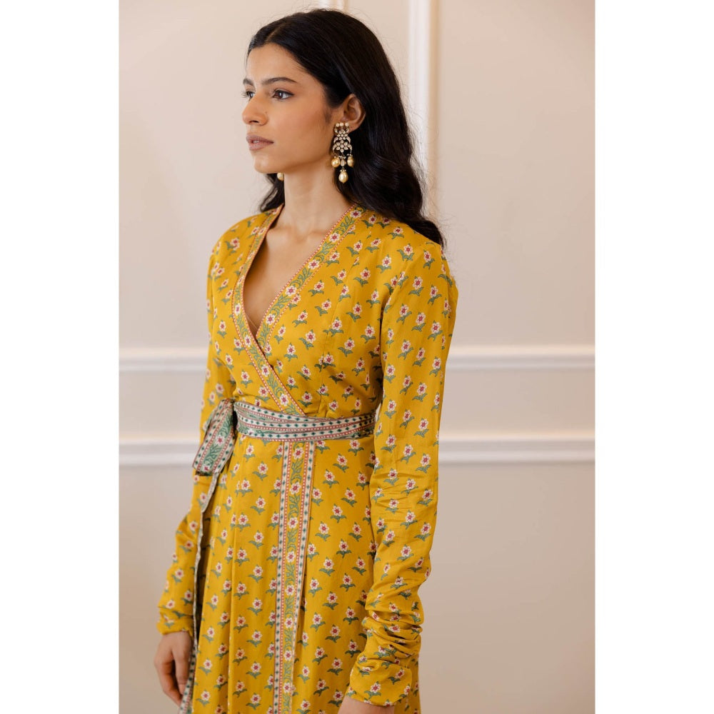 Paulmi & Harsh Mustard Yellow Butti Printed Cowl Dress (Set of 2)