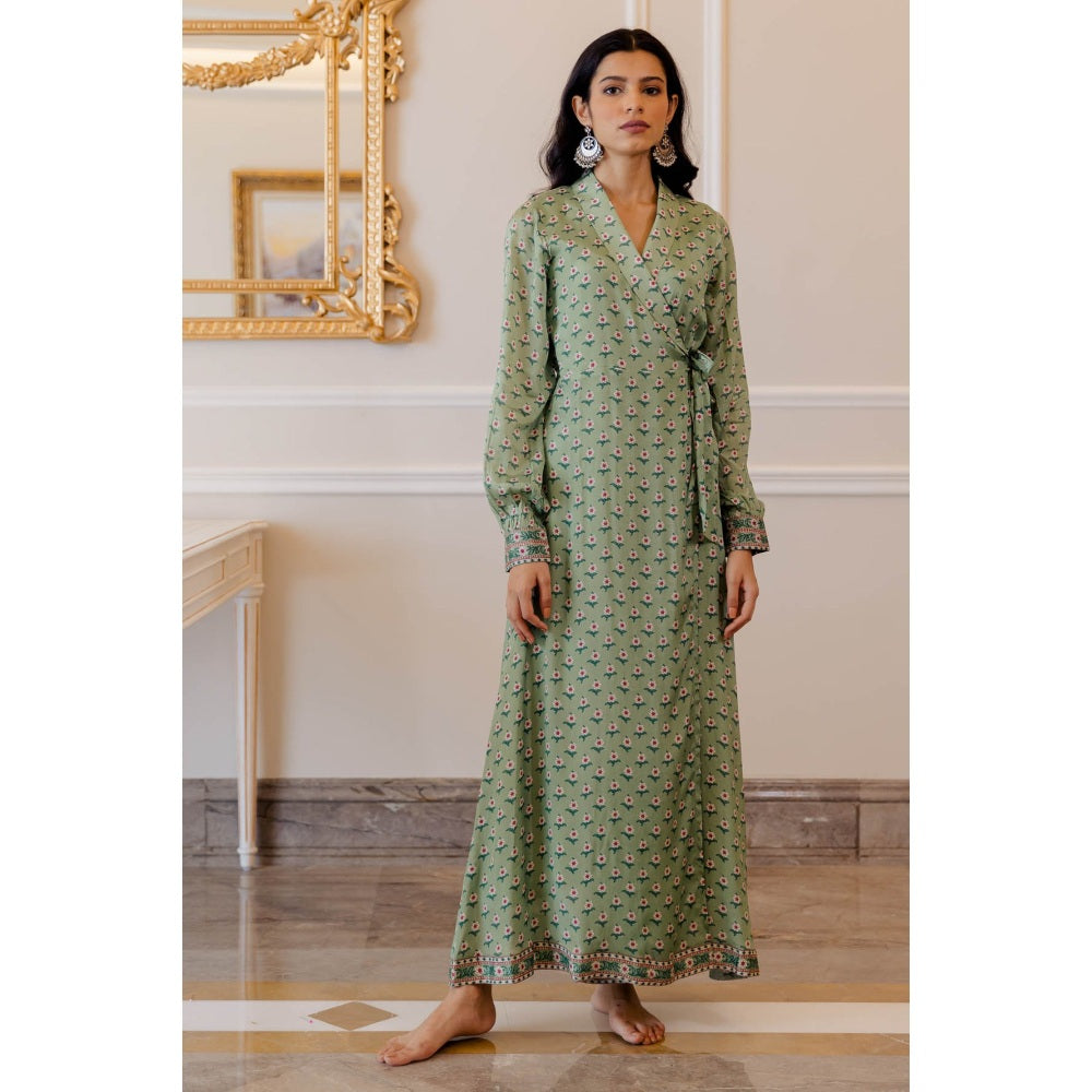 Paulmi & Harsh Pista Green Butti Printed Wrap Dress