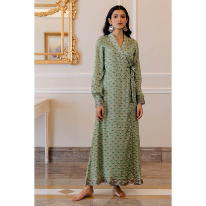 Paulmi & Harsh Pista Green Butti Printed Wrap Dress