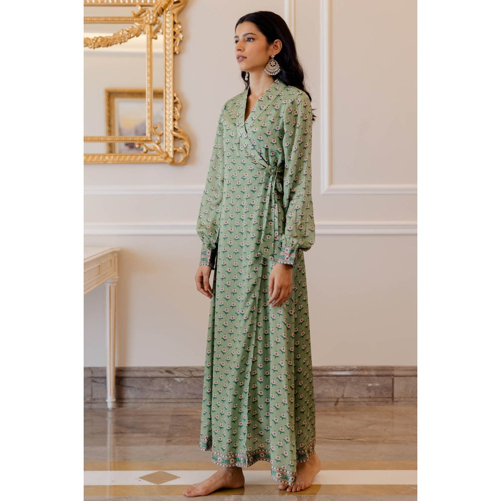 Paulmi & Harsh Pista Green Butti Printed Wrap Dress