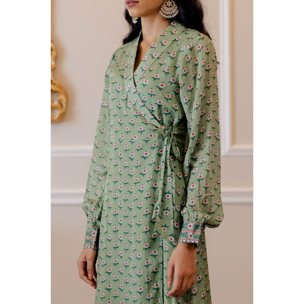 Paulmi & Harsh Pista Green Butti Printed Wrap Dress
