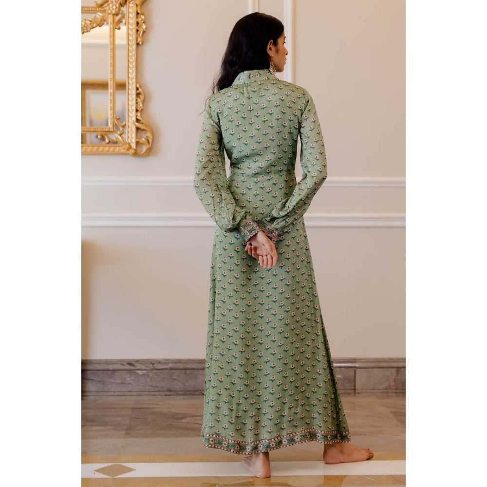Paulmi & Harsh Pista Green Butti Printed Wrap Dress