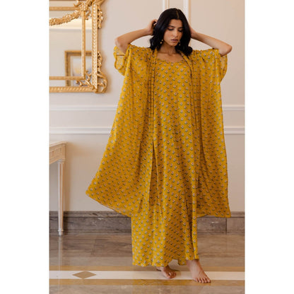 Paulmi & Harsh Mustard Yellow Butti Printed Jacket with Maxi Dress (Set of 2)