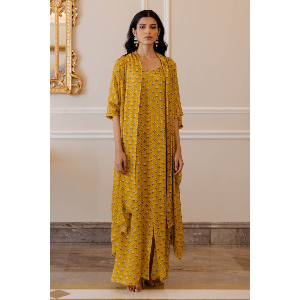 Paulmi & Harsh Mustard Yellow Butti Printed Jacket with Maxi Dress (Set of 2)