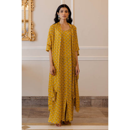 Paulmi & Harsh Mustard Yellow Butti Printed Jacket with Maxi Dress (Set of 2)