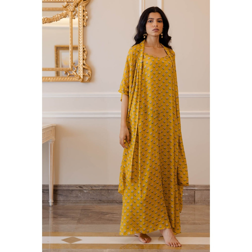 Paulmi & Harsh Mustard Yellow Butti Printed Jacket with Maxi Dress (Set of 2)