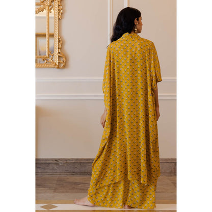 Paulmi & Harsh Mustard Yellow Butti Printed Jacket with Maxi Dress (Set of 2)