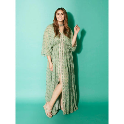 Paulmi & Harsh Pista Green Butti Printed Embroidered Kaftan (Set of 2)